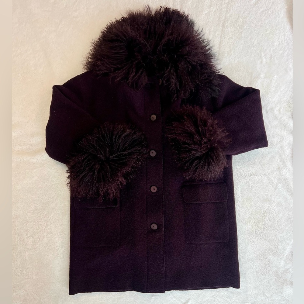 Hilary Radley Fun Deep Purple Coat Virgin Wool with Mongolian Fur